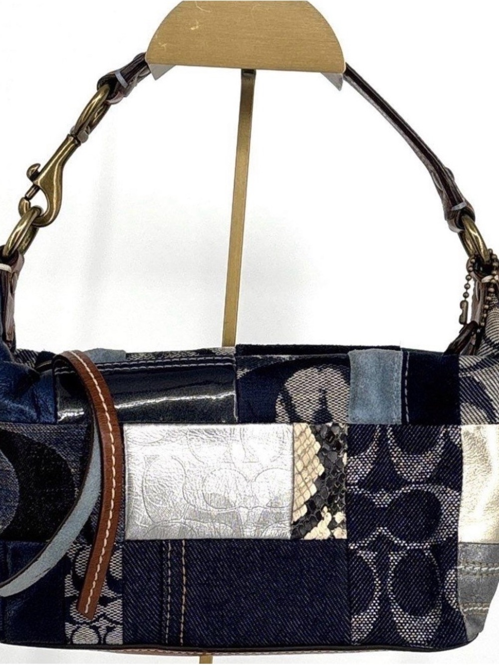 Coach Patchwork Shoulder Bag in Navy, Silver and Brown